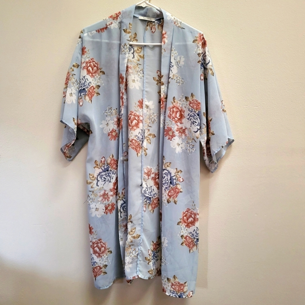 Papaya Floral Kimono Style Shear light Blue Open Front Blouse/Robe Size Small